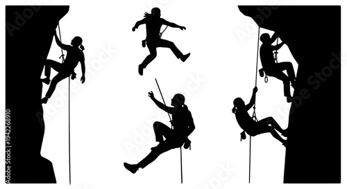 Dynamic Black-and-White Illustration of Five Climbers and Rappellers in Action on a Cliff Face, Showing Climbing, Jumping, and Descending Movements in a Horizontal Composition