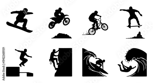 Skateboarding, Dirt Biking, Cycling, Snowboarding, and Surfing Performing Tricks and Jumps Arranged in Two Rows