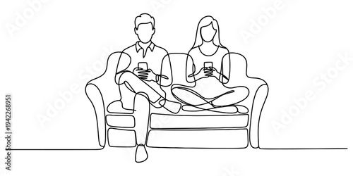 Minimalist continuous line drawing of a couple sitting on a sofa using their smartphones together Vector, illustration