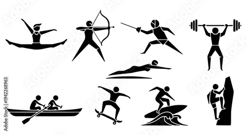 Snowboarding, Dirt Biking, Cycling, Wall Climbing, and Surfing Poses Arranged in Grid