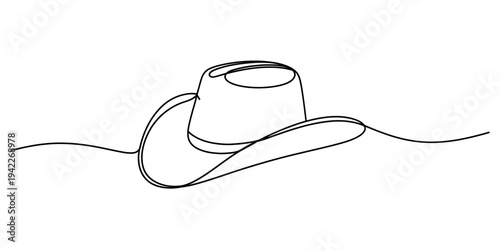 Single continuous line drawing of a classic cowboy hat with a wide brim and tall crown Vector, illustration