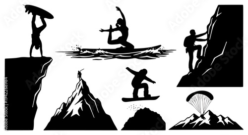 Black-and-white illustrated people engaged in various outdoor activities including hiking, kayaking, and paragliding in natural landscapes, arranged in two rows for adventure and freedom themes.