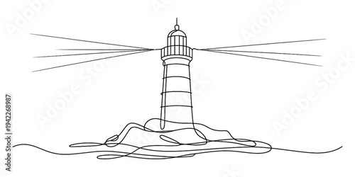 Simple black and white line drawing of a lighthouse on a rocky shore with beams of light Vector, illustration