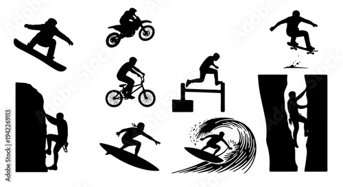 Black-and-White Graphic of Nine Silhouettes of Extreme Sportspeople in Three Rows Featuring Surfers, Motorcyclists, and Skaters Engaging in Stunts