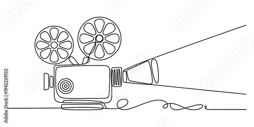 Continuous line drawing of a vintage movie projector with film reels and light beam. Vector, illustration