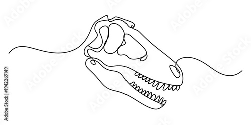 Continuous line drawing of a prehistoric tyrannosaurus rex skull on a white background. Vector, illustration