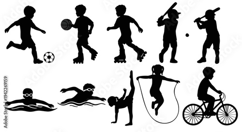Two Rows of 10 Black Silhouettes Kids in Sports and Activities Including Soccer Basketball Baseball Cycling Gymnastics Swimming Jumping Rope for Design Concepts