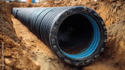 Wallpaper Mural Large black corrugated pipe being installed in a trench for underground drainage or utility purposes. Torontodigital.ca