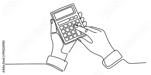 Continuous line drawing of human hands holding and operating a digital calculator Vector, illustration