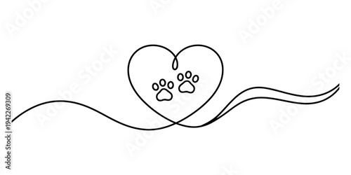 Elegant one line drawing of a heart shape containing two small animal paw prints Vector, illustration