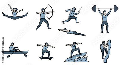 Dynamic Illustrations of a Man Engaging in Varied Physical Activities Across Different Environments Including Canoeing, Archery, and Rock Climbing in a Monochromatic Style