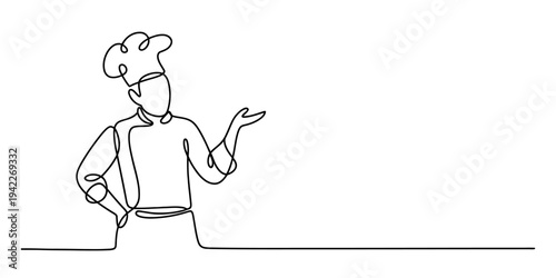 Continuous line drawing of a professional chef wearing a toque hat gesturing to the side. Vector, illustration
