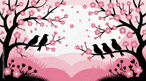 Vector illustration of cherry blossom trees with birds, pink floral landscape isolated on White Background
