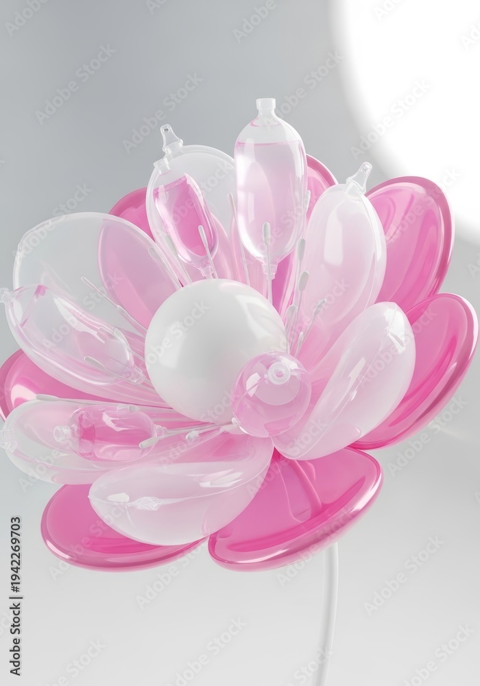 Fototapeta premium Flower made of medical infusion bags and plastic tubing. Artistic creation symbolizing health care and life. Conceptual sculpture representing medicine, care, healing and hospital technology.