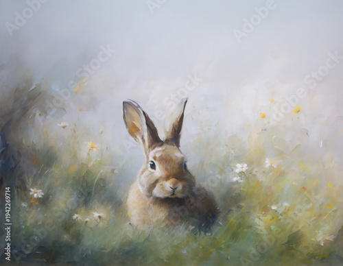 An abstract painting of a rabbit sitting in a field of grass and flowers.