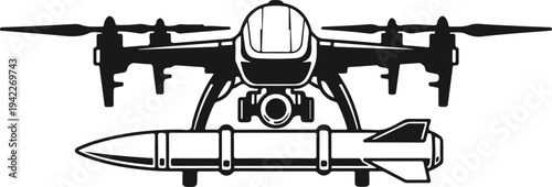 Military drone carrying missile weapon, surveillance drone with missile