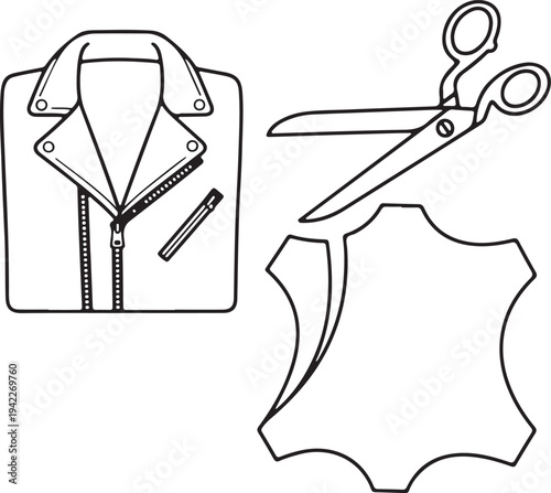 Leather jacket pattern, scissors cutting leather, fashion design, tailor equipment