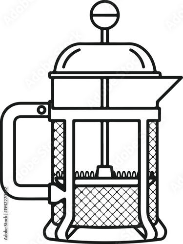 French press coffee maker line art illustration featuring classic plunger design mesh filter and glass carafe for morning caffeine brewing