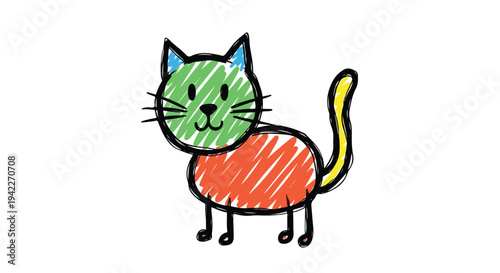 Cute cat illustration in kids messy drawing style, imperfect child handwriting lines, uneven strokes, playful doodle look, simple shapes, naive art, hand-drawn feel