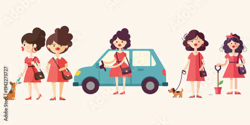 Women in red dresses standing near a car with gardening tools and pets in a suburban setting from a straight-on viewpoint