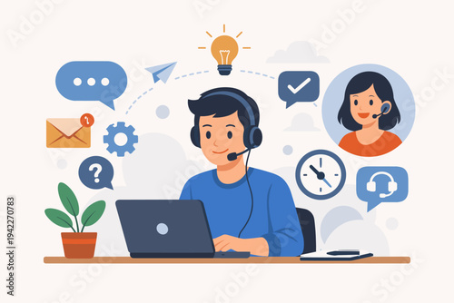 Customer Service Support and Communication Concept Illustration Featuring a Male Agent with Headset Working on Laptop, Surrounded by Icons for Help, Ideas, Time, and Online Technical Assistance.