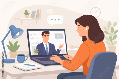 Woman Having an Online Job Interview via Video Call on Laptop with Male Recruiter in Home Office Setting, Remote Work, Recruitment Process, Professional Communication Flat Vector Illustration.