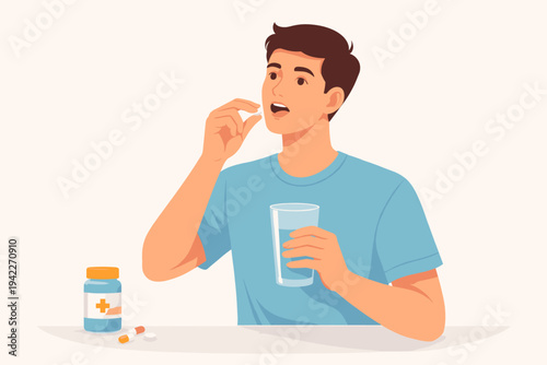 Flat Vector Illustration of a Young Man Taking a Pill and Holding a Glass of Water, Healthcare Concept with Medicine Bottle and Capsules on Table, Daily Medication Routine for Wellness.