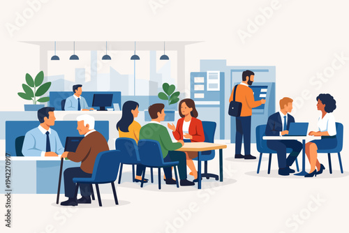 Vector illustration of modern bank office interior with diverse employees and customers. People are sitting at desks, using an ATM, and having consultations in a professional financial space.