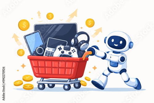 Cute white robot pushing a red shopping cart overflowing with consumer electronics like a TV, tablet, camera, and game controller, representing AI-driven automated shopping and digital commerce.