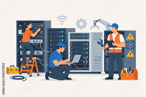 Professional IT support team maintaining server racks in a data center. Flat vector illustration of technicians repairing network hardware, managing cloud infrastructure, and system maintenance.