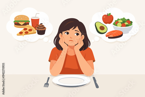 Vector illustration of a woman sitting at a table with an empty plate, contemplating diet choices between healthy food like salad and salmon versus unhealthy options like pizza and burgers.