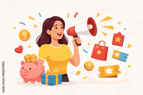 Happy woman with megaphone announcing customer loyalty reward program with piggy bank, gold coins, gift box, shopping bags, and discount tickets for marketing, sales promotion, and savings.