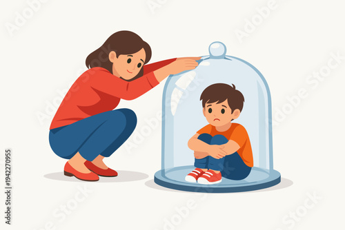 Overprotective Mother Keeping Sad Child Under Glass Dome, Helicopter Parenting Concept, Excessive Protection, Isolation, Parental Control, Safety, and Childhood Mental Health Vector Illustration.