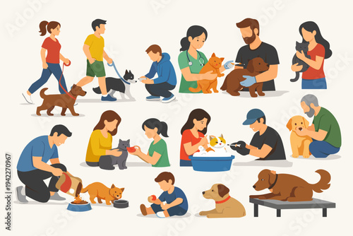 Flat vector illustration set of people caring for pets, including walking dogs, feeding cats, veterinary checkups, vaccinations, grooming, bathing, and playing with domestic animals.