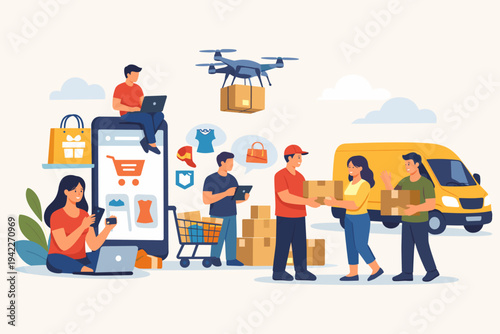 Flat vector illustration of people shopping online using smartphones and laptops, featuring drone delivery, a yellow courier van, and delivery workers handing over packages to happy customers.