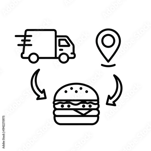 Illustration of food delivery truck and location pin with hamburger icons vector
