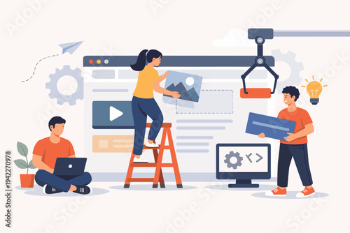 Team of professional web developers and software engineers collaborating on website building and UI design with coding, graphic elements, and creative tools in a flat vector illustration style.