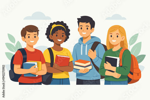 Diverse Group of Happy Students with Backpacks and Books Ready for School or College, Flat Vector Illustration of Smiling Young People in Education Concept for University Learning and Study.