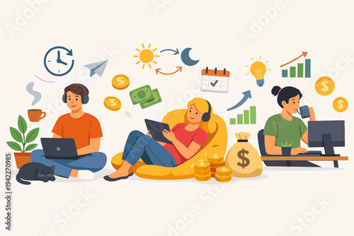 Young People Working from Home with Flexible Hours and Earning Money Vector Illustration. Freelancers Using Laptops and Tablets in a Comfortable Environment with Growth and Passive Income Symbols.