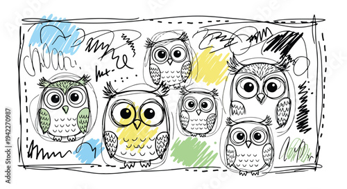 Cute owl kids messy doodle, vector illustration, imperfect child handwriting lines, naive drawing style, simple shapes