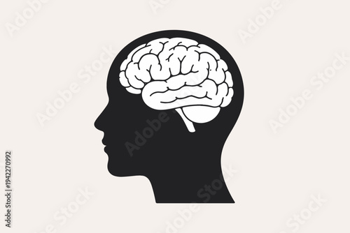 Vector Illustration of a Human Head Silhouette Profile with a Detailed Brain Inside, Symbolizing Intelligence, Psychology, Neurology, Mental Health, Cognitive Function, and Medical Anatomy
