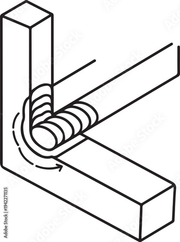 Industrial welding process icon showing two metal pieces joined at right angle with arc weld, manufacturing industry