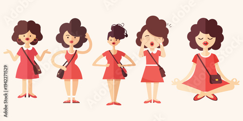 Set of flat illustration of a girl in different poses and emotions