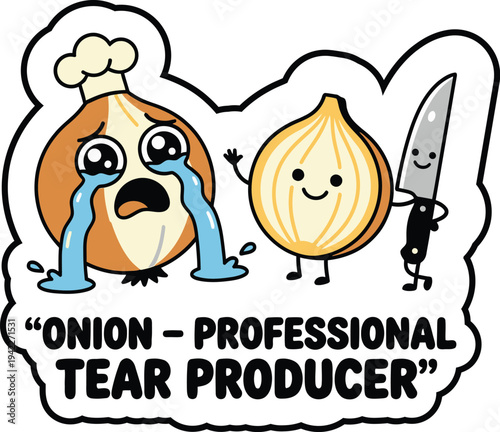 Cute, funny sticker graphic: a crying onion chef and a smiling onion with a knife, a humorous