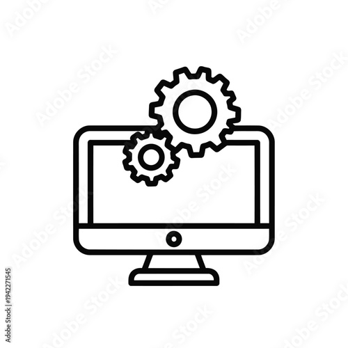 Illustration of black line art computer monitor with gears on top for business or technology concepts vector