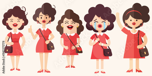Illustration of women in red dresses showcasing various emotions and gestures from a front viewpoint