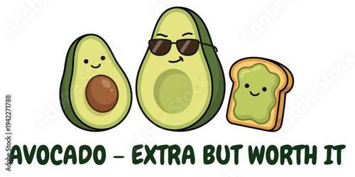 A cute and funny sticker illustration showcasing quirky avocado characters and delicious avocado toast, perfect for adding a touch of humor to any design.