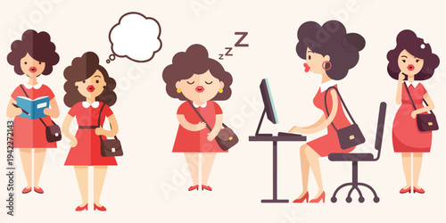 Woman's Daily Life Activities and Routines Depicted in Cartoon Style