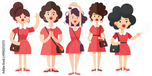 Group of Diverse Women in Red Dresses with Handbags A Representation of Femininity and Style