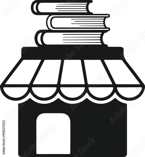 Small bookstore icon with stacked books on top of a store building with an awning and entrance on transparency grid background